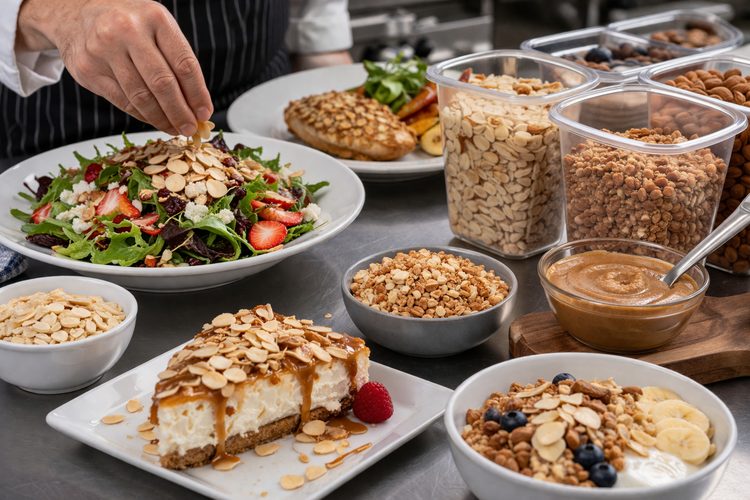 Illustrated placeholder for article titled Foodservice Uses for Almonds: Toppings, Coatings and Menu Development